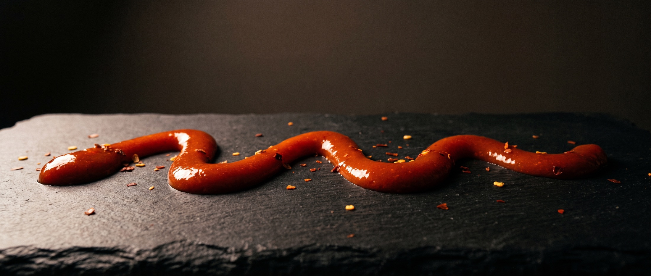 Eine glänzende Linie Crave-Sauce auf dunklem Schiefer